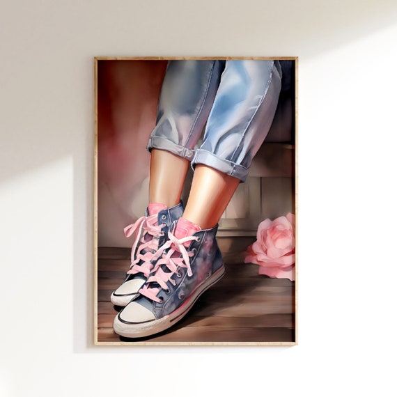 Pink Sneaker Print Denim Blue Wall Art Denim Prints Western Cowgirl Print Vintage Cowgirl Art Retro Poster Gift For Teens