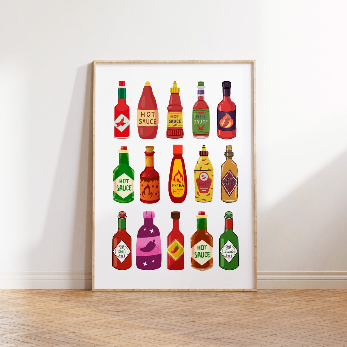 Hot Sauce Bottle Collection Colorful Spicy Fun Kitchen Poster