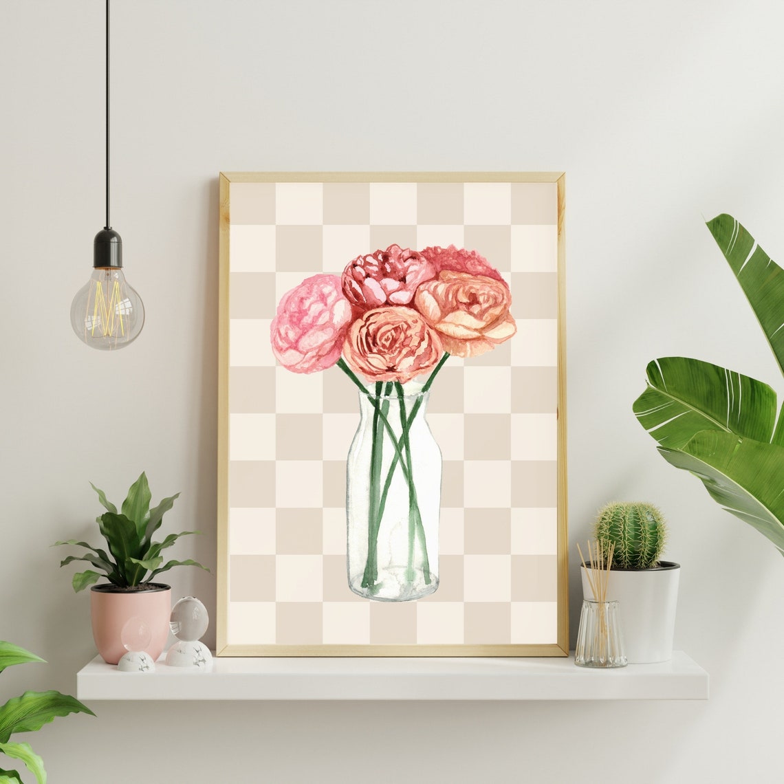 Bouquet Of Flowers Print Checkered Wall Art Green Floral Art Girls Bedroom Checker Wall Art Flower Art Beige Checker Art - Image 3