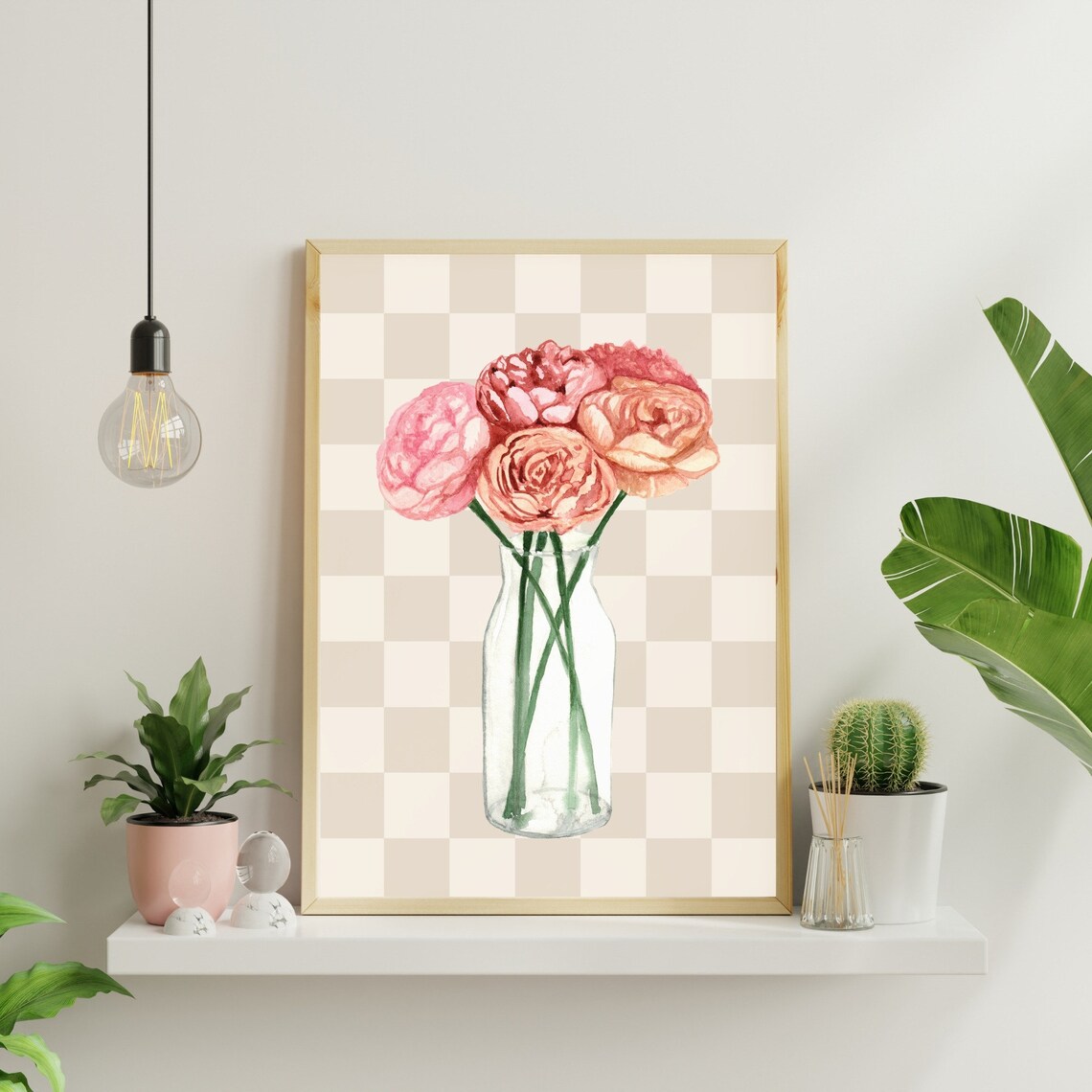 Pink Roses Glass Bottle Checkered Botanical Floral Art Poster - Image 3