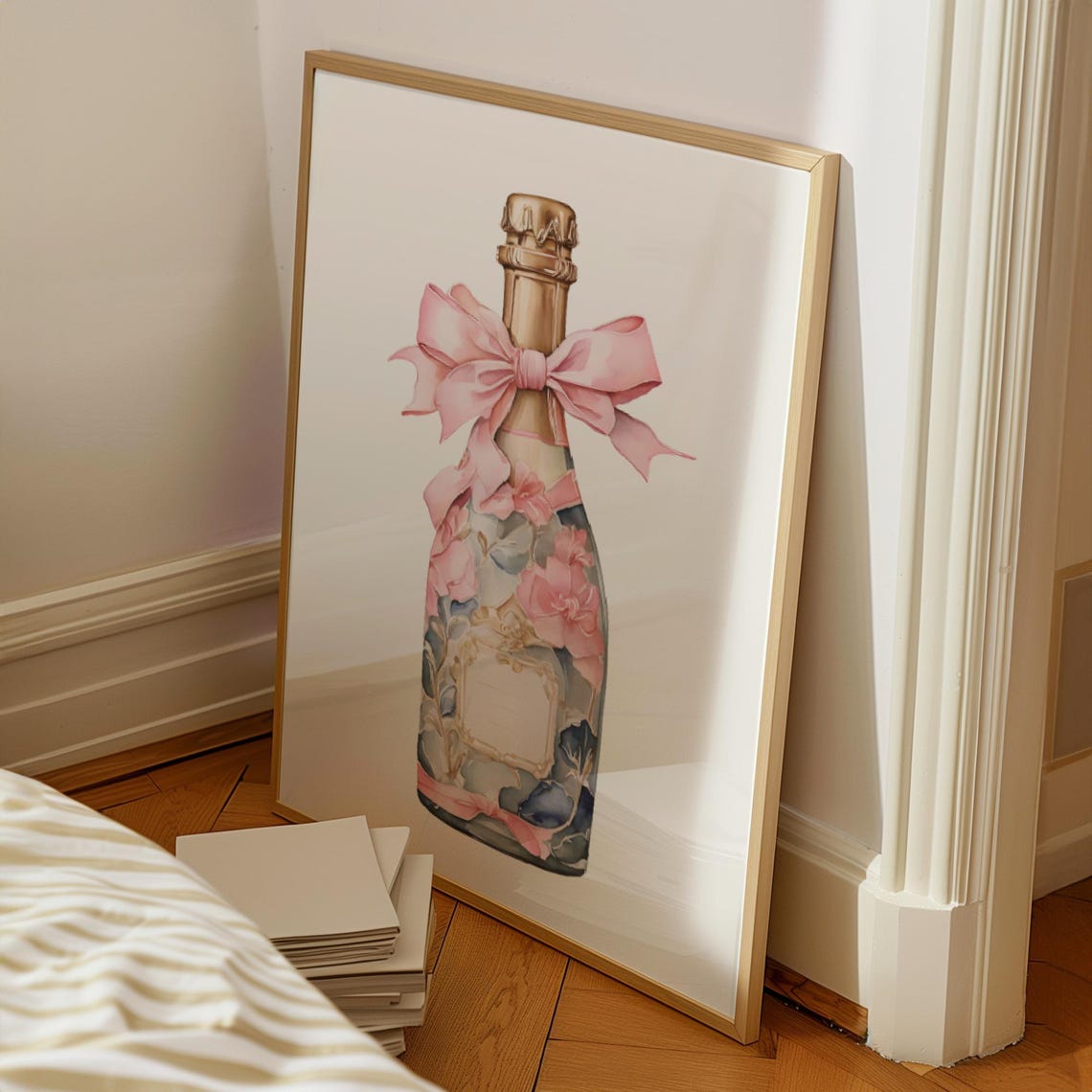 Pink Champagne Bottle Bow Floral Watercolor Bar Cart Art Poster - Image 2