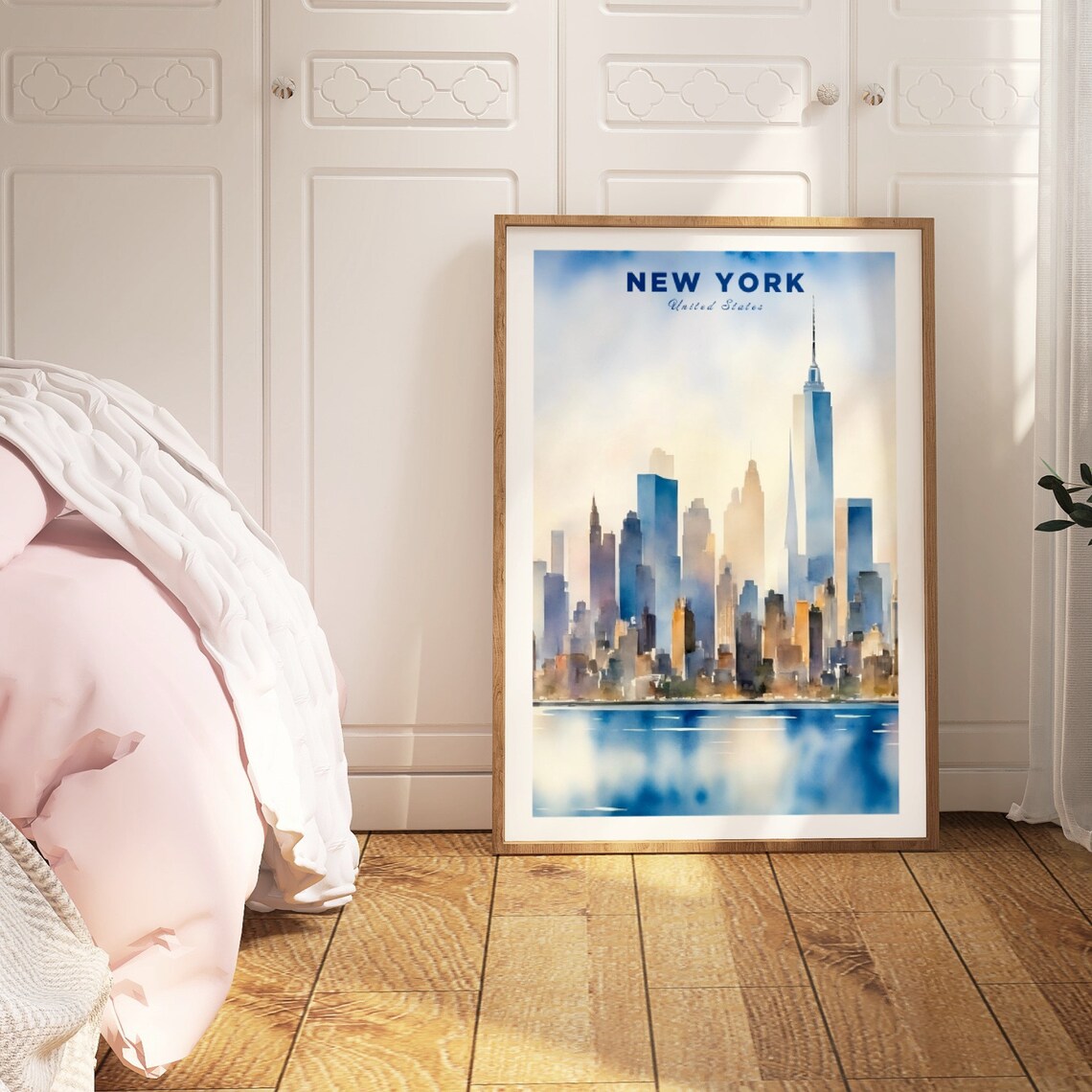 New York Blue Watercolor Skyline Freedom Tower Travel Poster - Image 4