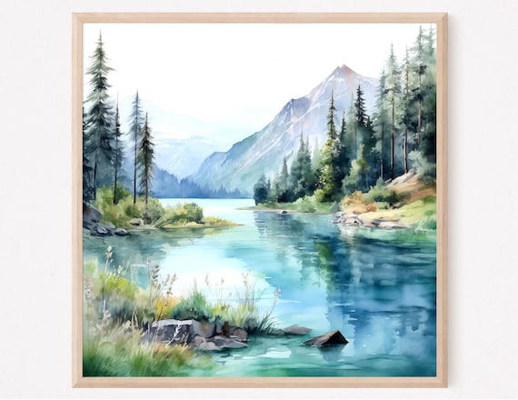 Mountain Lake Pines Watercolor Serene Reflection Scene Art Print