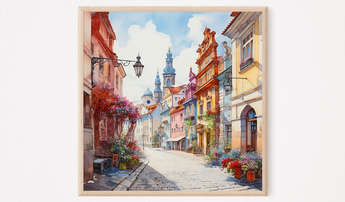 Prague Cobblestone Street Colorful Spires Watercolor Czech Poster