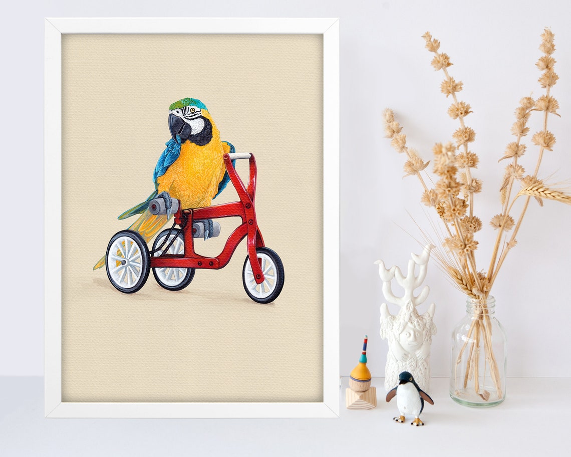 Blue And Yellow Macaw Riding Red Tricycle Funny Bird Animal Poster - Image 4
