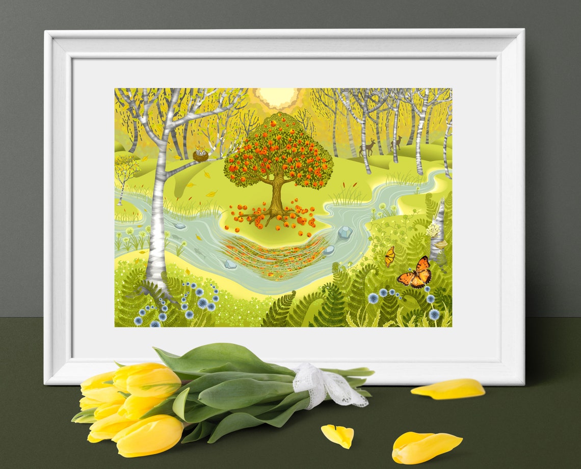 Sunny Autumn Birch Forest With Berry Tree And River Landscape Poster