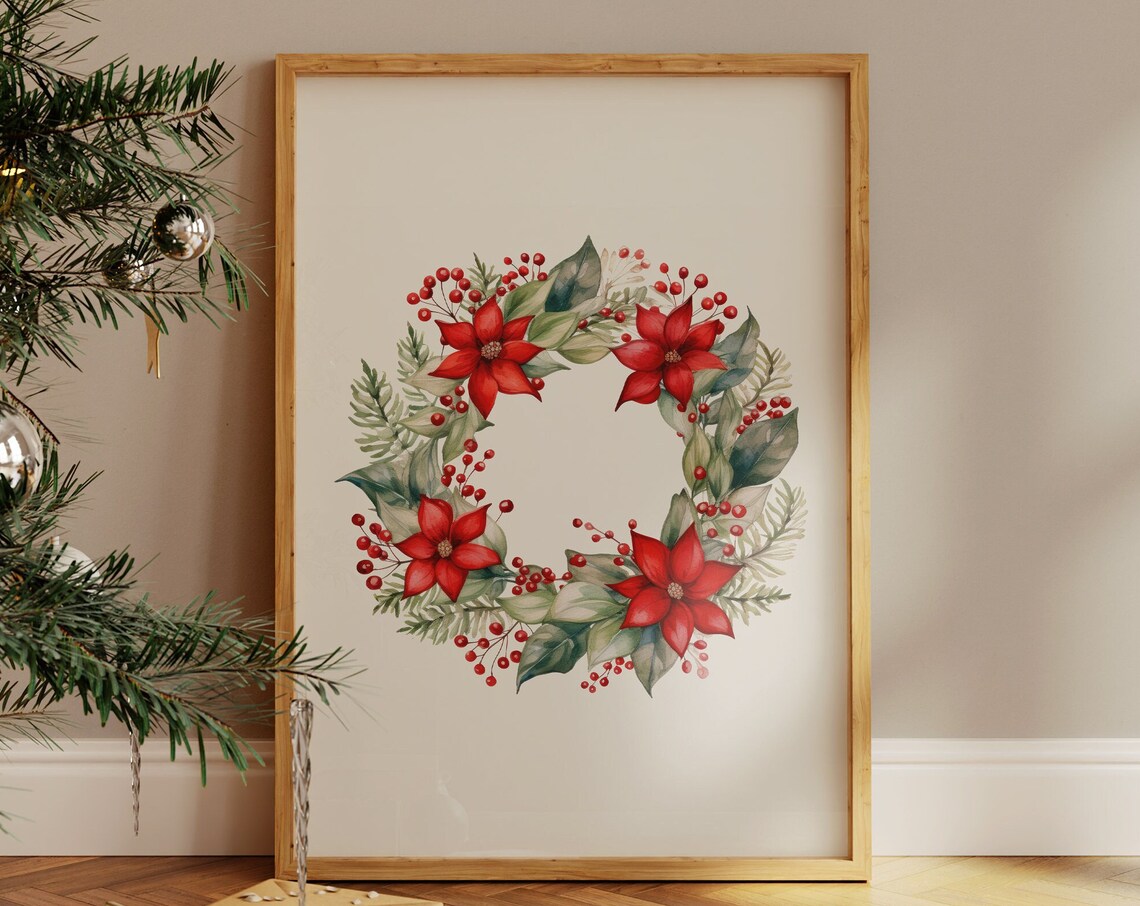 Watercolor Poinsettia Christmas Wreath Botanical Holiday Wall Art
