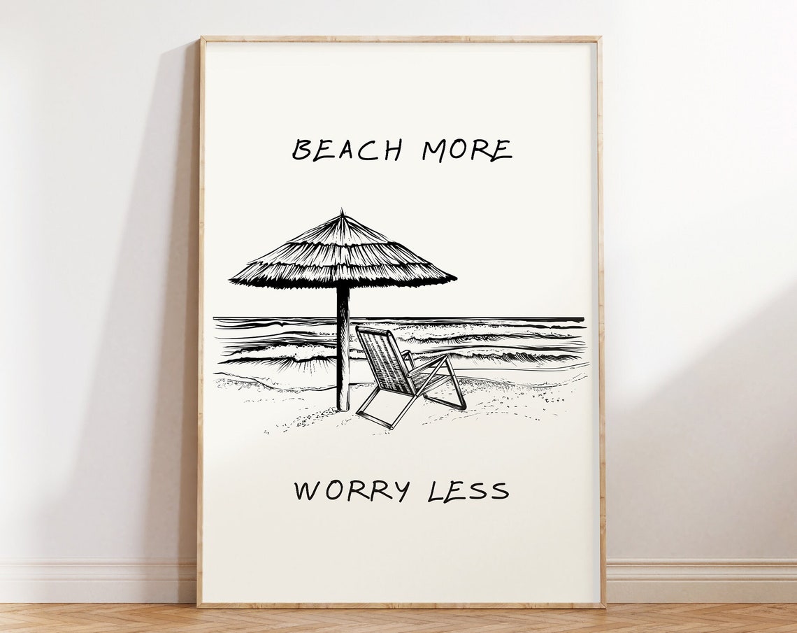 Beach More Worry Less Umbrella Coastal Line Art Beach Wall Poster