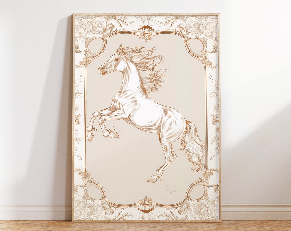 Vintage White Horse Line Art Poster with Ornate Equestrian Border - Image 5