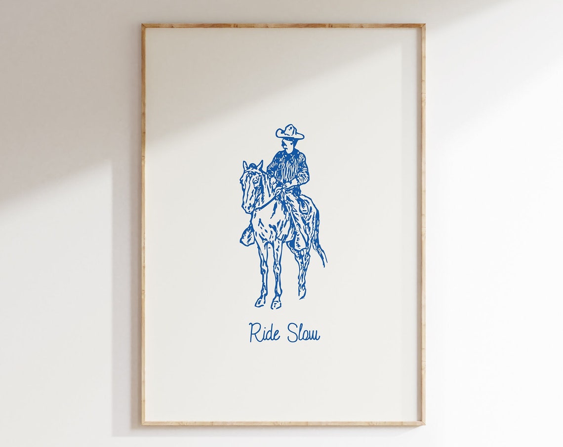 Ride Slow Blue Line Cowboy On Horseback Vintage Western Poster - Image 5