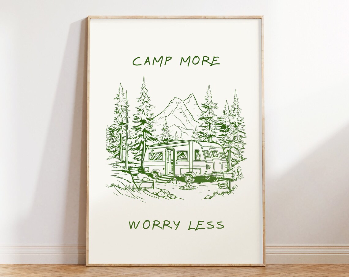 Camp More Worry Less Retro Campervan Mountain Adventure Poster