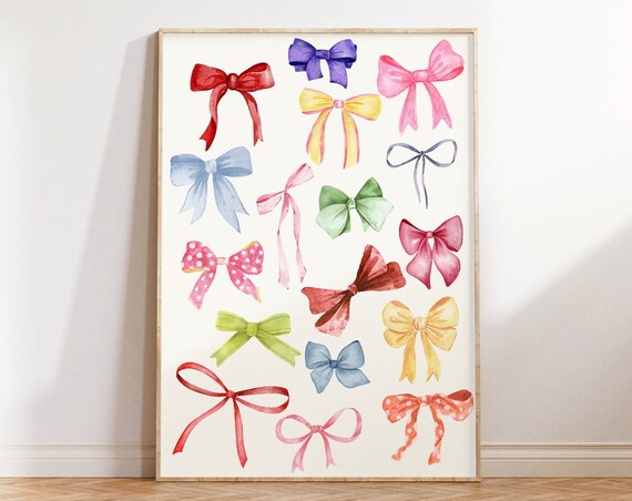 Colorful Watercolor Ribbon Bows Pattern Coquette Aesthetic Poster