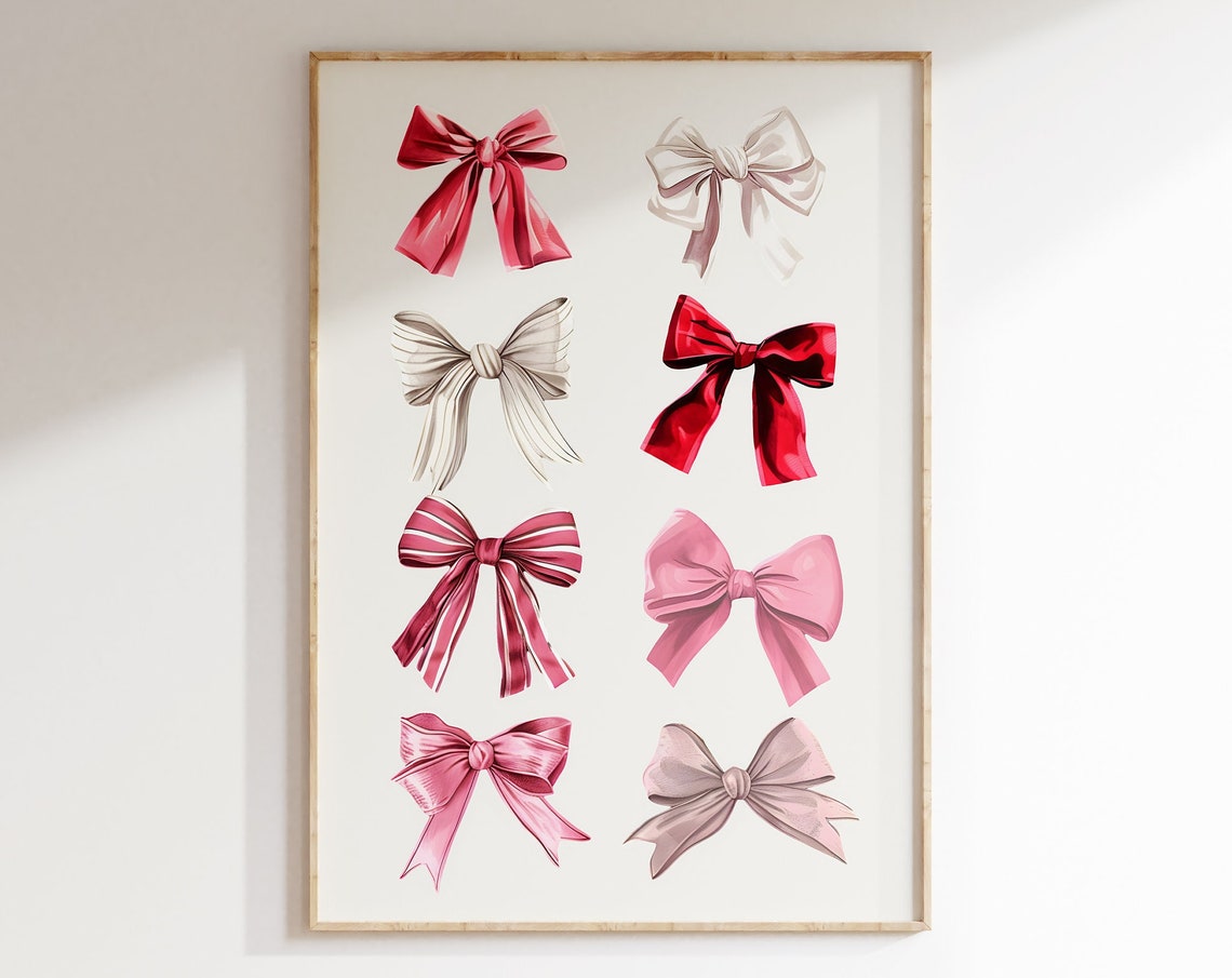 Eight Glossy Pink and Red Satin Ribbon Bows Coquette Style Poster - Image 2