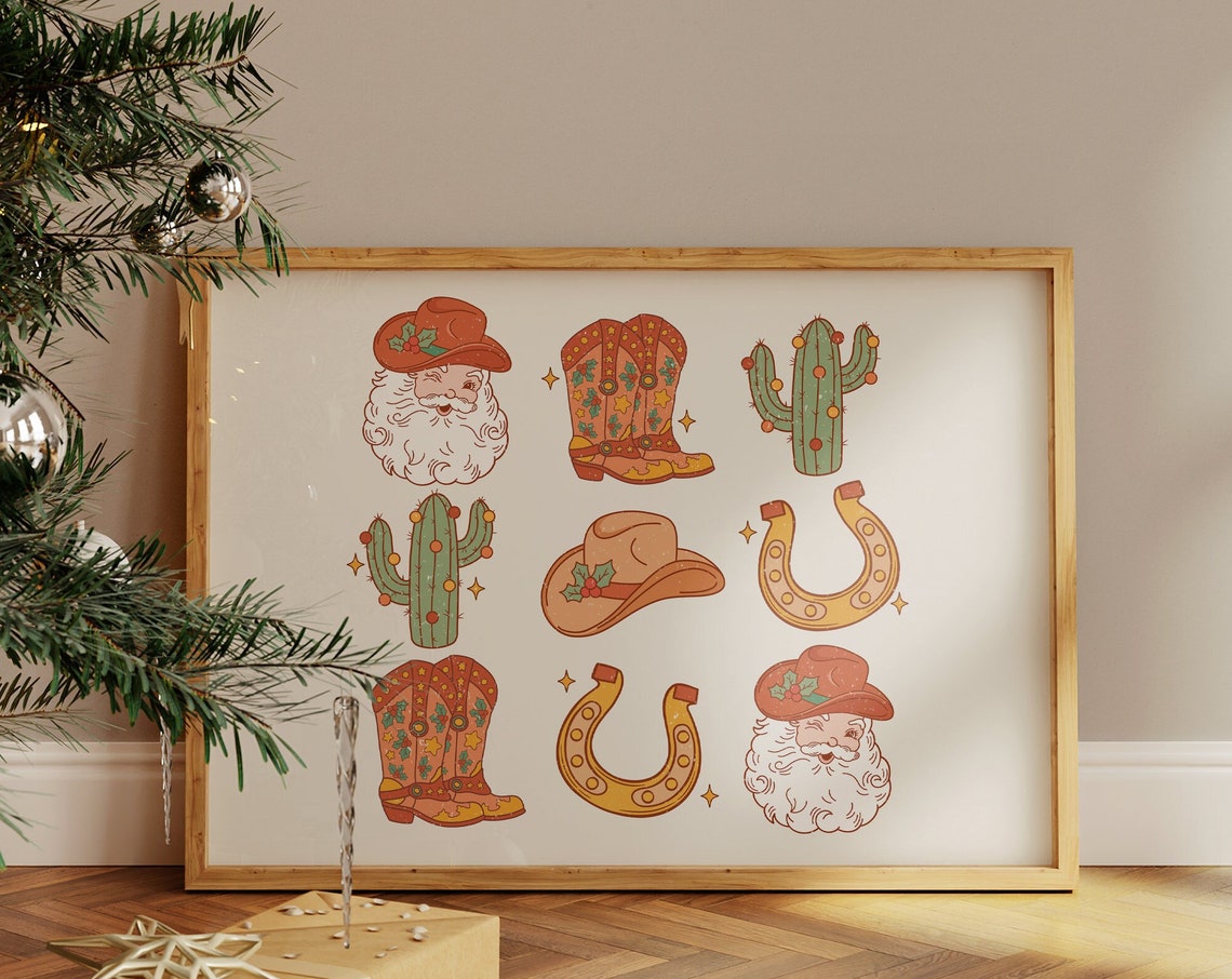 Cowboy Santa Western Christmas Print Cowboy Christmas Country Christmas Cowhide Christmas Merry Howdy Christmas Retro Christmas Print