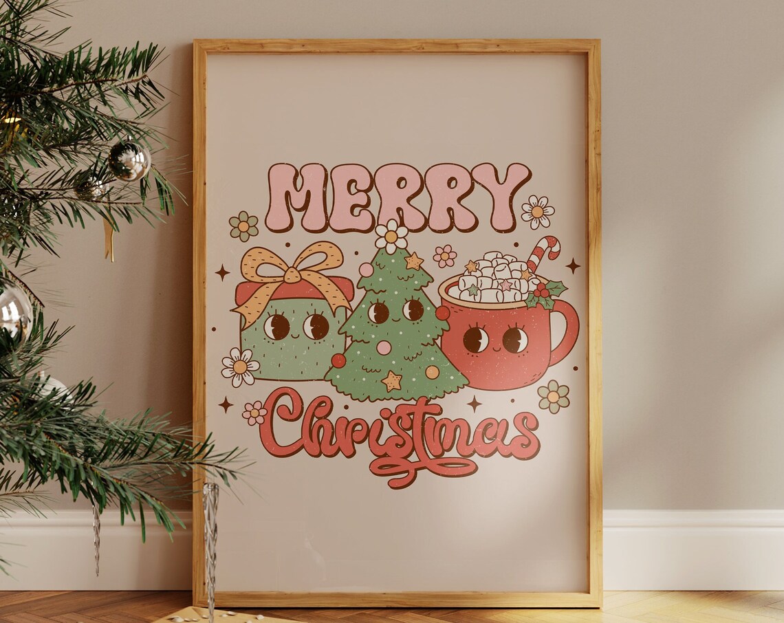 Merry Christmas Retro 70s Groovy Cocoa Mug Snowman Party Poster