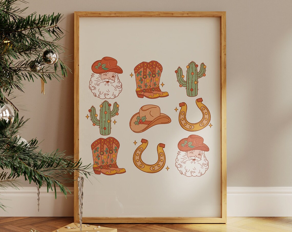 Cowboy Christmas Icons Santa Boots Cactus Horseshoe Western Print