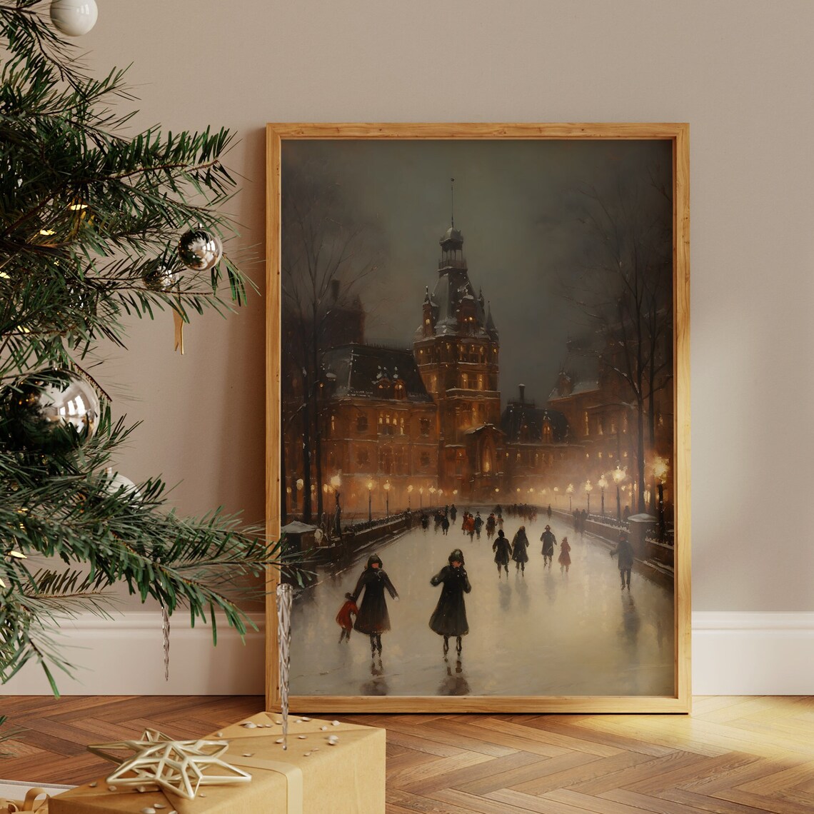Night Ice Skating by the Illuminated Grand Hotel Vintage Painting Poster - Image 5