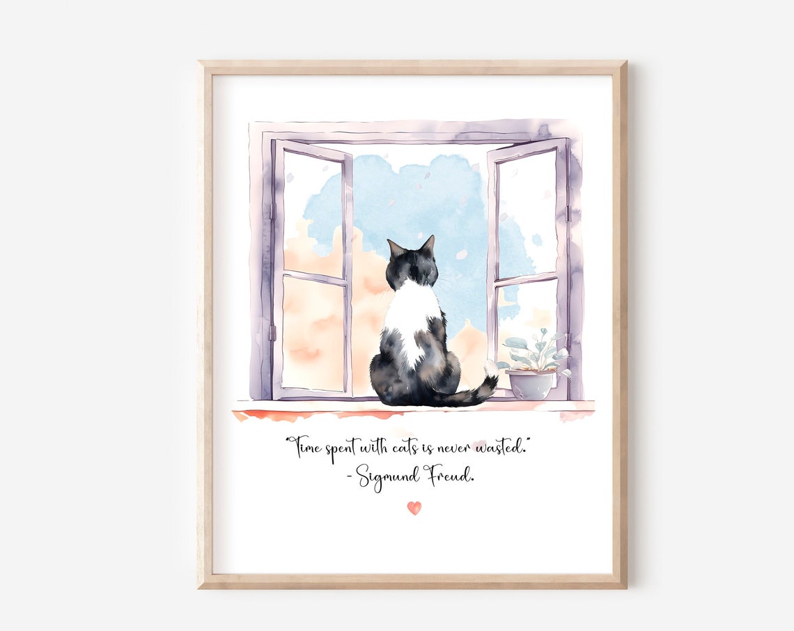 Watercolor Cat at Window Sigmund Freud Quote Cat Lover Poster