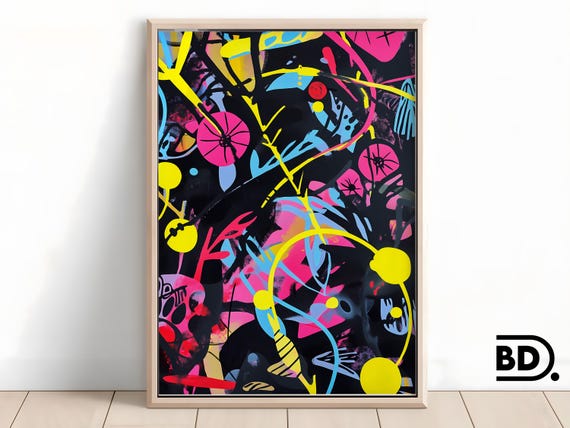 Bold Tropical Abstract Painting Colorful Acrylic Jungle Art Vibrant Plants Flowers Polka Dot Wall Decor