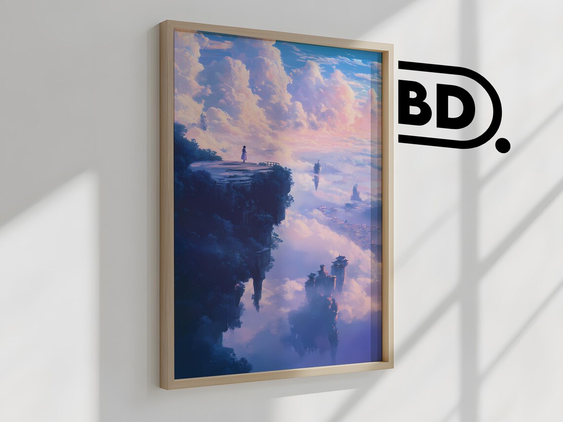 Fantasy Sky Art Print Ghibli Inspired Dreamscape With Whimsical Clouds Blue Purple Tones Magical Wall Decor For Cozy Spaces - Image 2