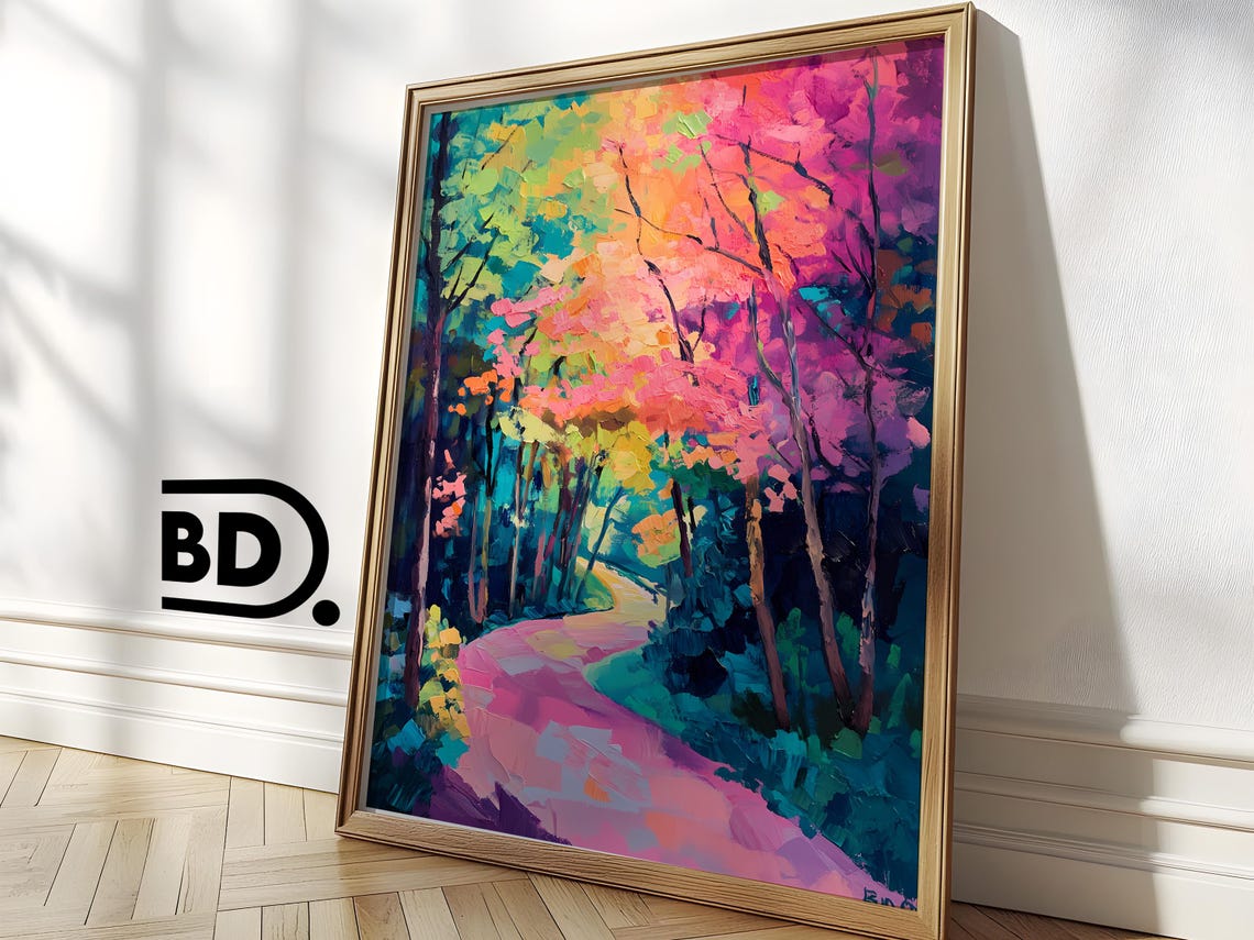 Colorful Abstract Landscape Print Bold Forest River Scene In Pop Art Style Pink Green Blue Hues Home Decor - Image 3
