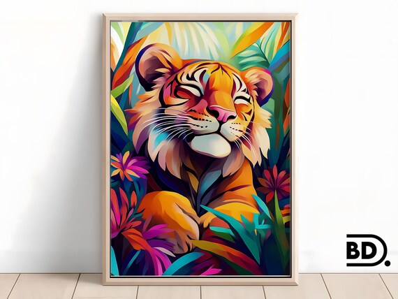 Smiling Tiger Colorful Jungle Floral Animal Portrait Wall Art