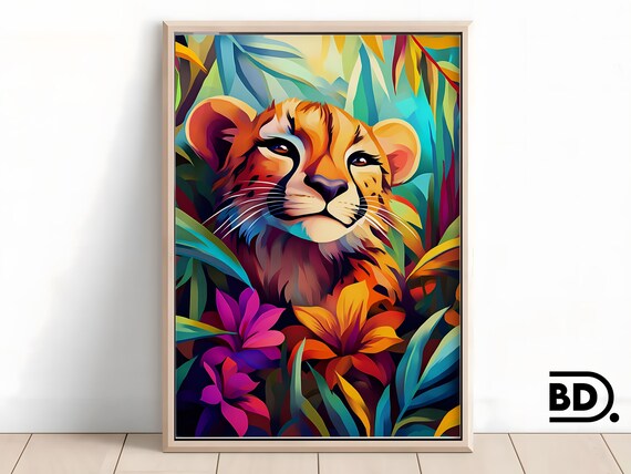 Smiling Cheetah Cub Portrait in a Tropical Flower Jungle Poster