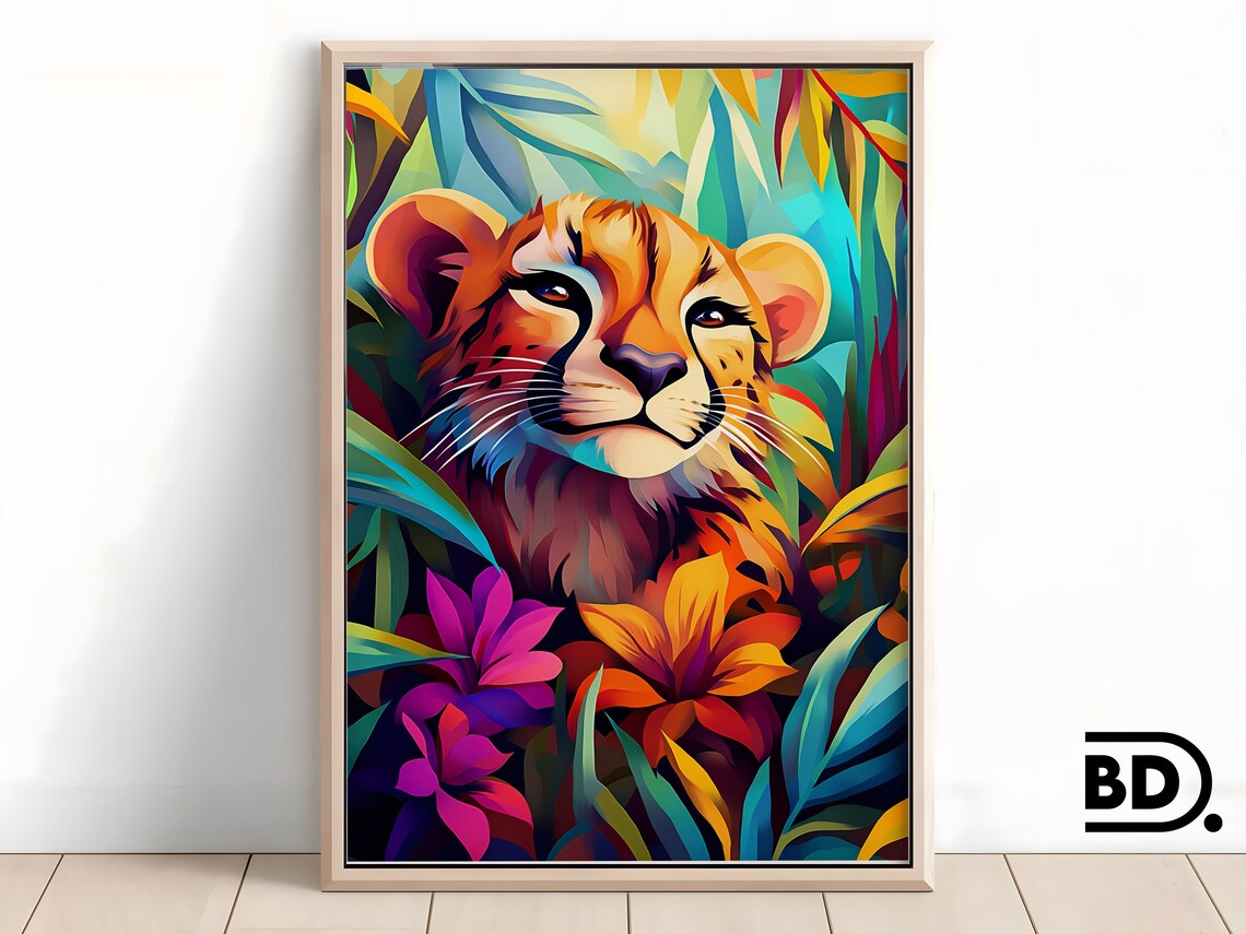 Smiling Cheetah Cub Portrait in a Tropical Flower Jungle Poster