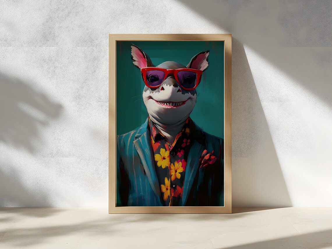 Smiling Shark in Red Sunglasses and Suit Quirky Portrait Poster - Image 2
