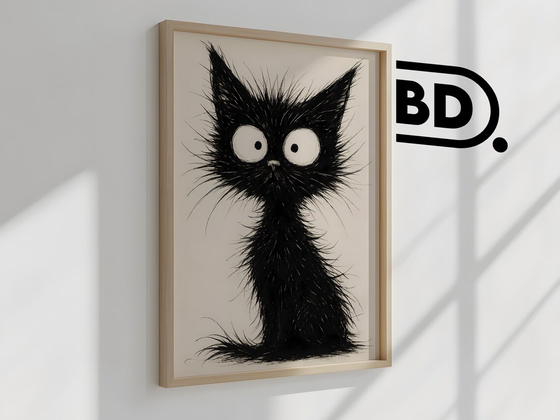 Scruffy Black Cat With Wide Surprised Eyes Funny Ink Drawing Poster - Image 2