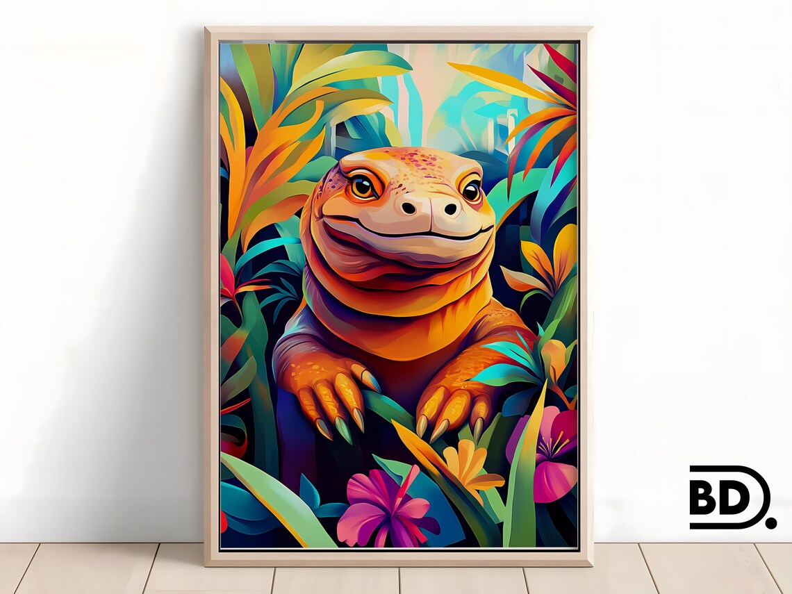 Smiling Komodo Dragon Orange Lizard in a Tropical Jungle Poster