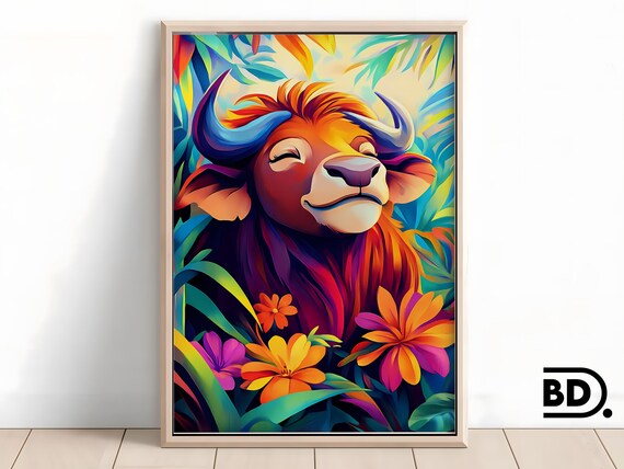 Smiling Buffalo Portrait in a Colorful Tropical Flower Jungle Poster