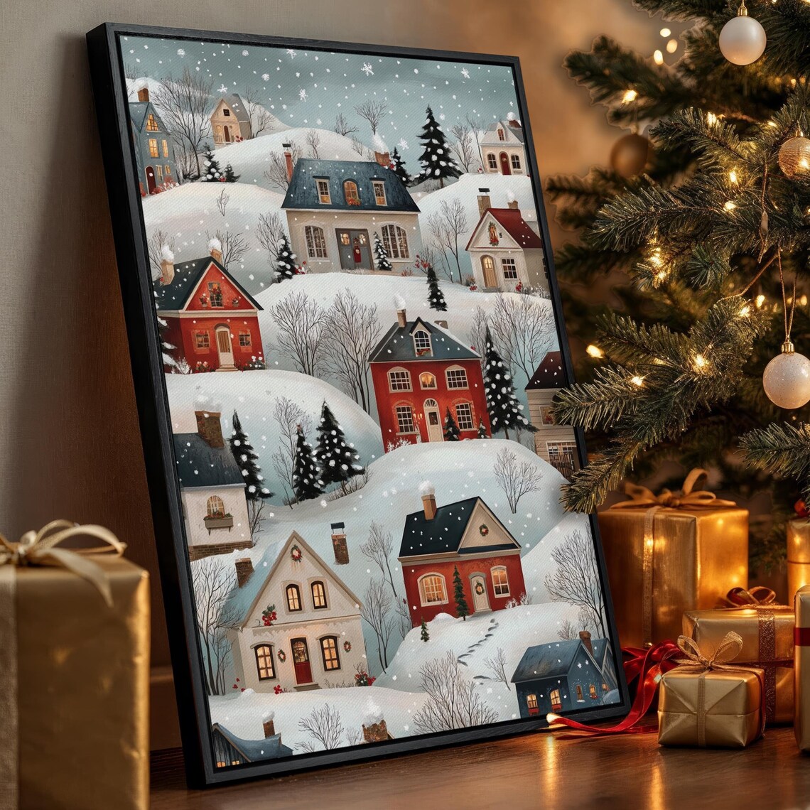 Whimsical Winter Village Snow Scene Christmas Painting Canvas Poster