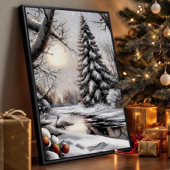 Serene Winter Snowy River Landscape Poster Moonlit Pine Tree Painting