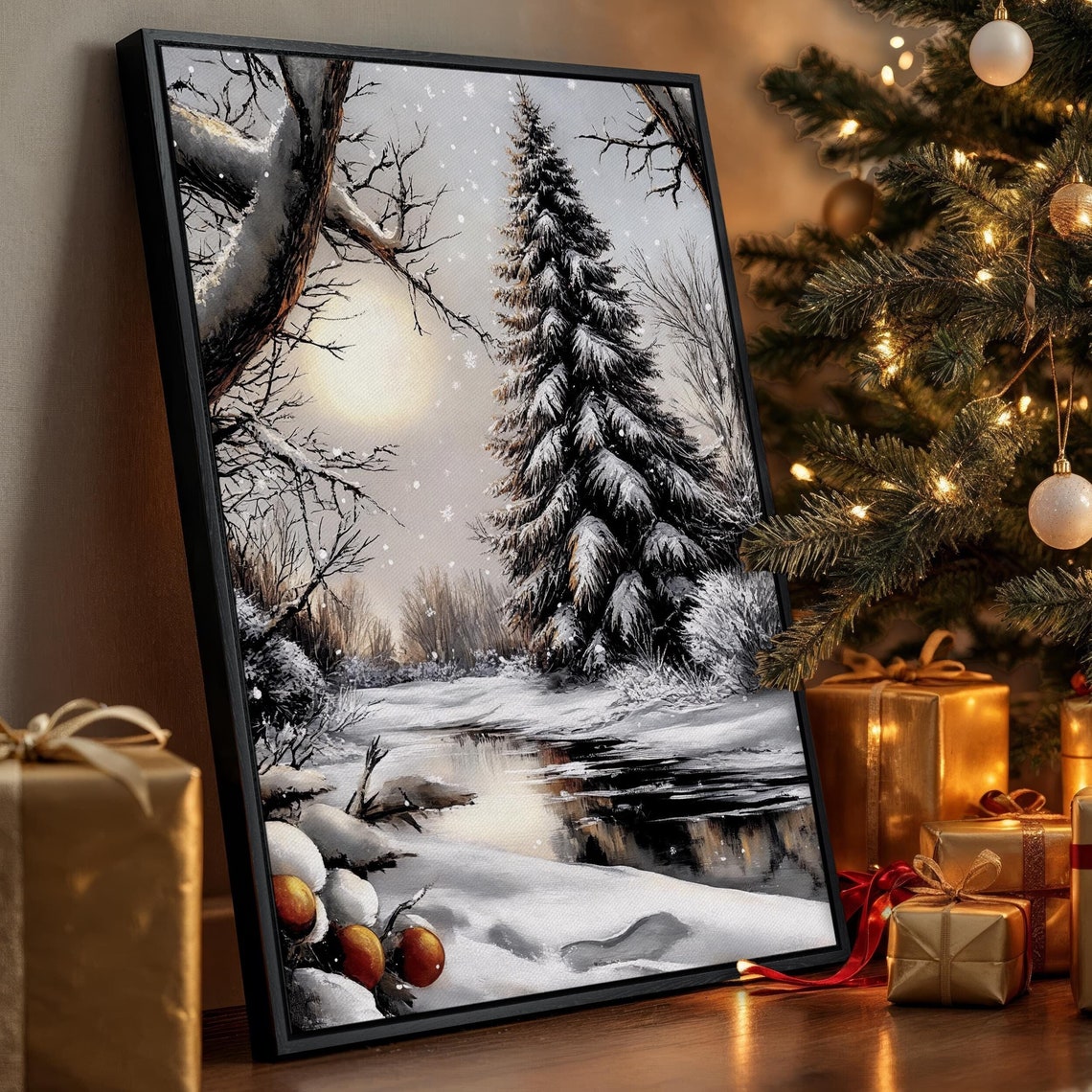 Serene Winter Snowy River Landscape Poster Moonlit Pine Tree Painting