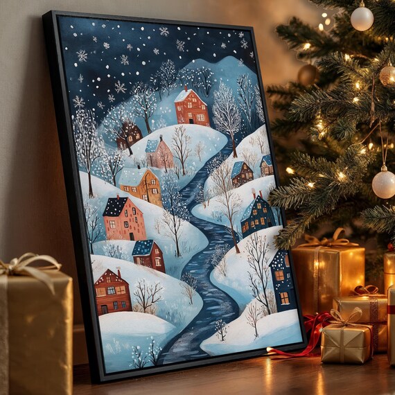 Starry Night Snowy Village River Scene Winter Landscape Painting Poster