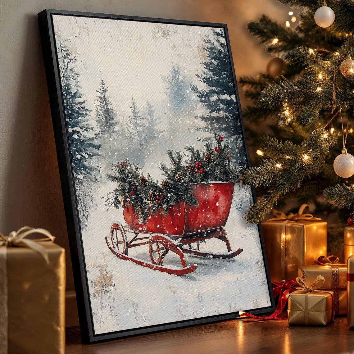 Red Vintage Sleigh With Evergreens Snowy Winter Landscape Canvas Poster