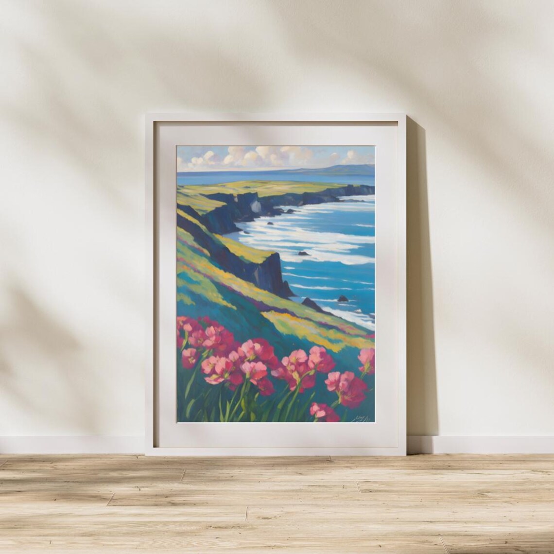 Vibrant Coastal Cliffs Landscape with Pink Wildflowers Art Poster - Image 3