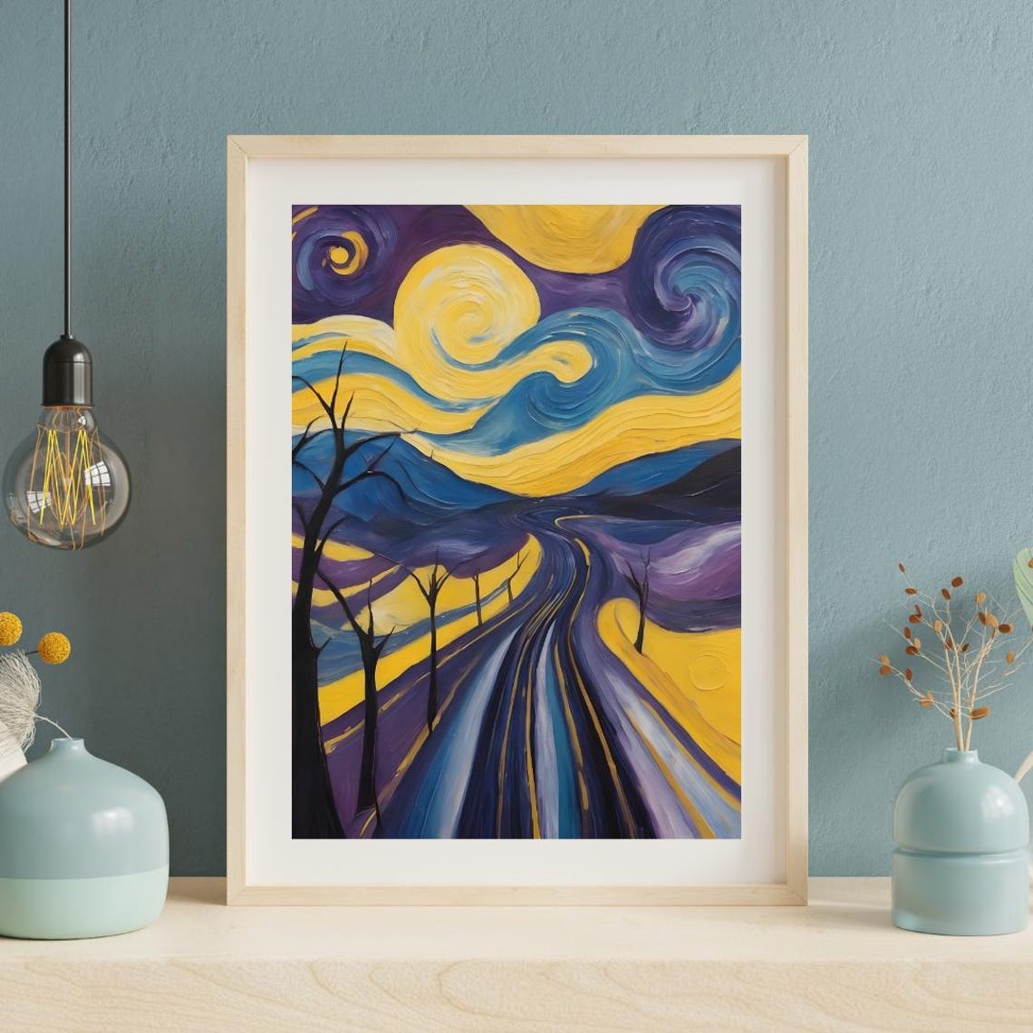 Van Gogh Style Night Highway Road Beneath a Swirling Moon Poster