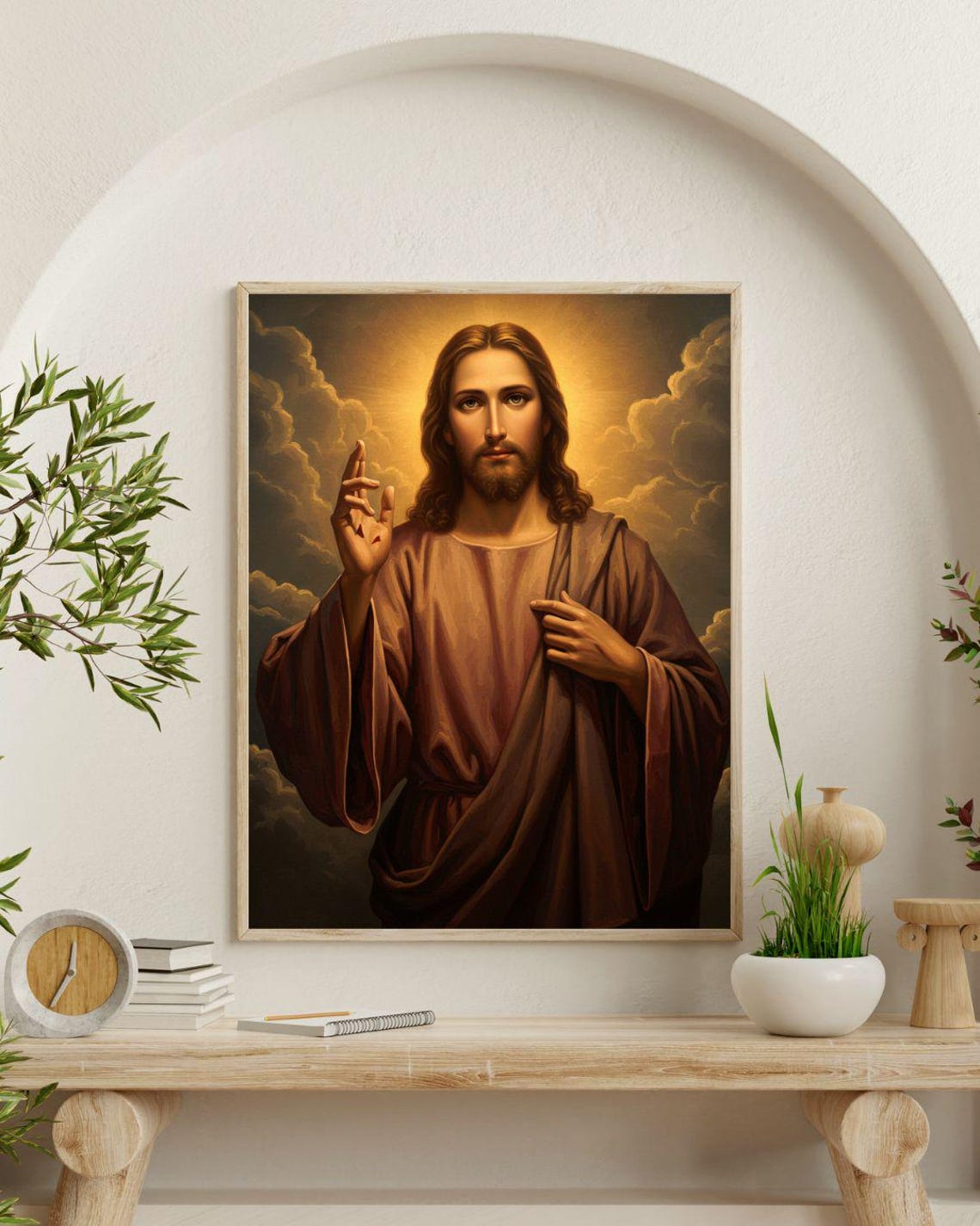 Jesus Christ Blessing with Raised Hand Among Golden Clouds Poster - Image 4