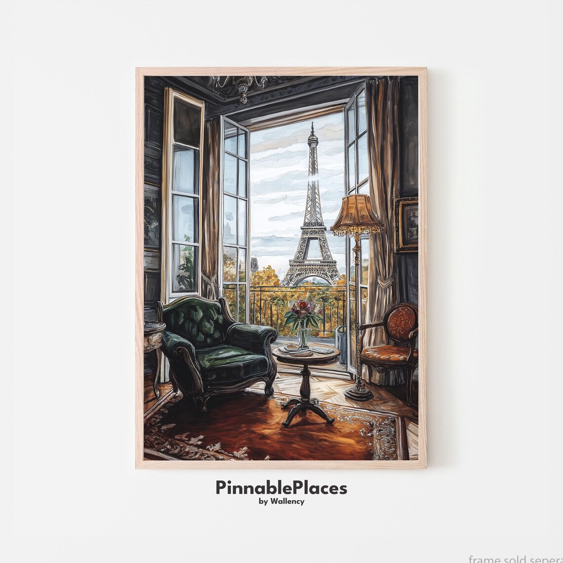 Paris Hotel Room Eiffel Tower View Poster Elegant Watercolor Interior