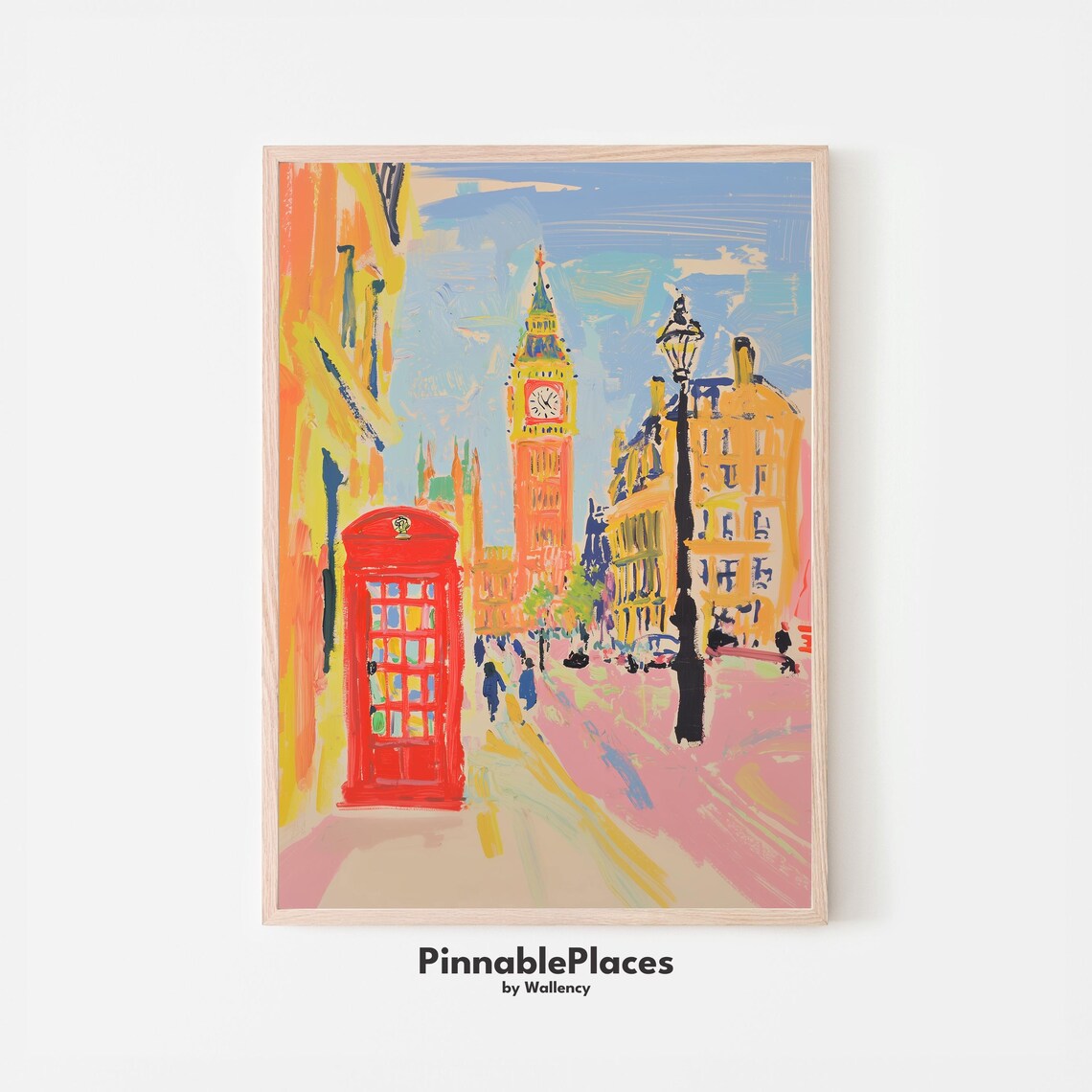 London Big Ben Red Telephone Box Pink Yellow Watercolor City Poster