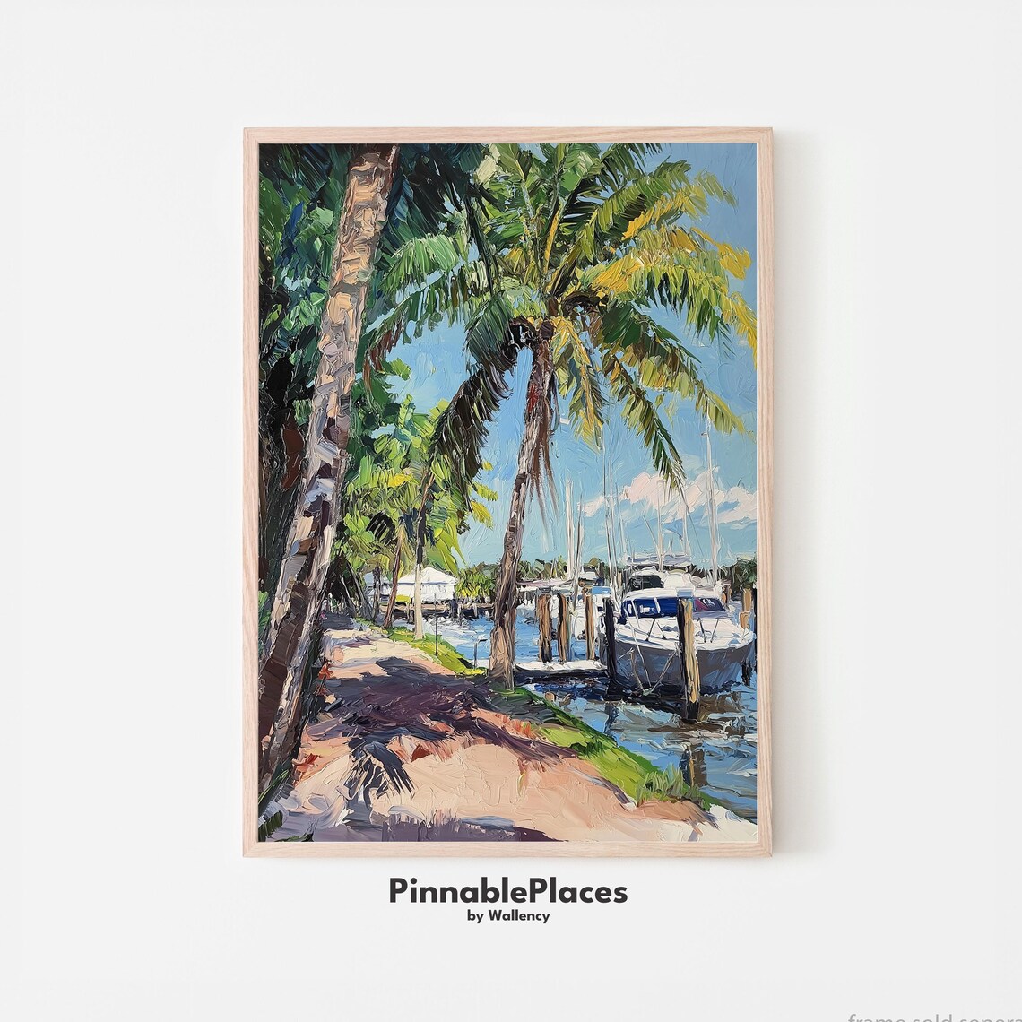 Tropical Marina Docked Boats Palm Trees Sunny Oil Painting Poster