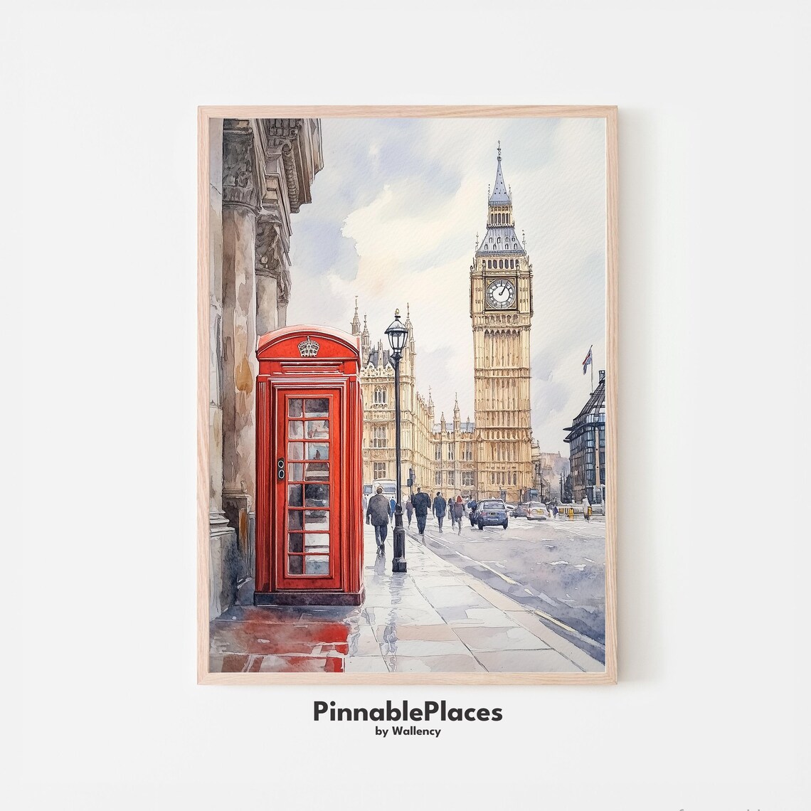 London Big Ben Red Phone Box Watercolor Street Scene Art Poster