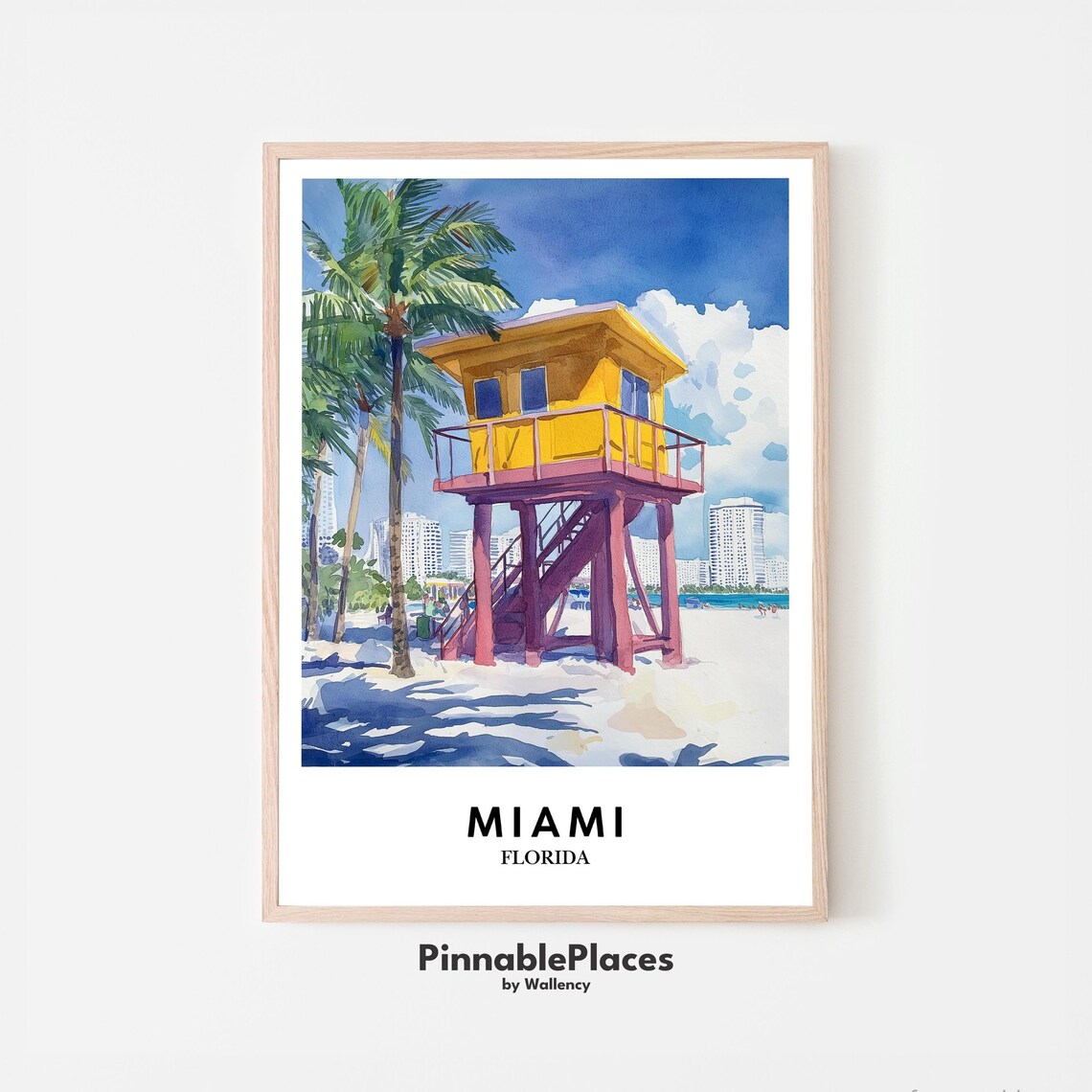 Miami Florida Lifeguard Tower Watercolor Beach Palm Tree Poster
