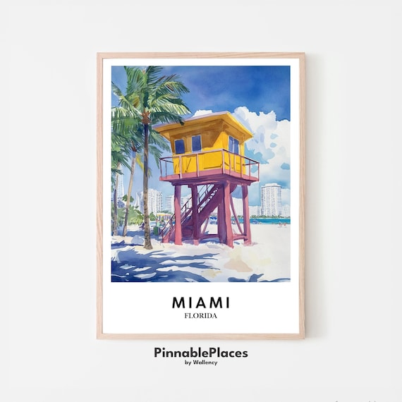 Miami Florida Lifeguard Tower Watercolor Beach Palm Tree Poster