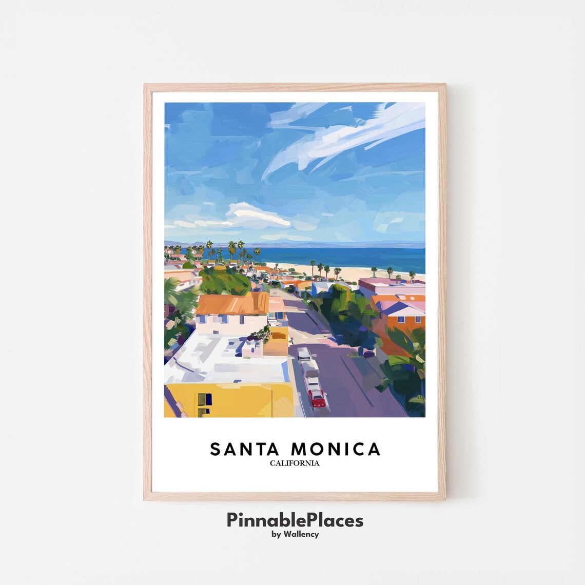 Santa Monica California Painterly Beach Town Sunset Travel Poster