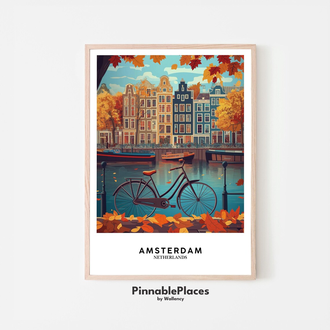 Amsterdam Netherlands Poster Autumn Canal Bicycle Vintage Travel Decor