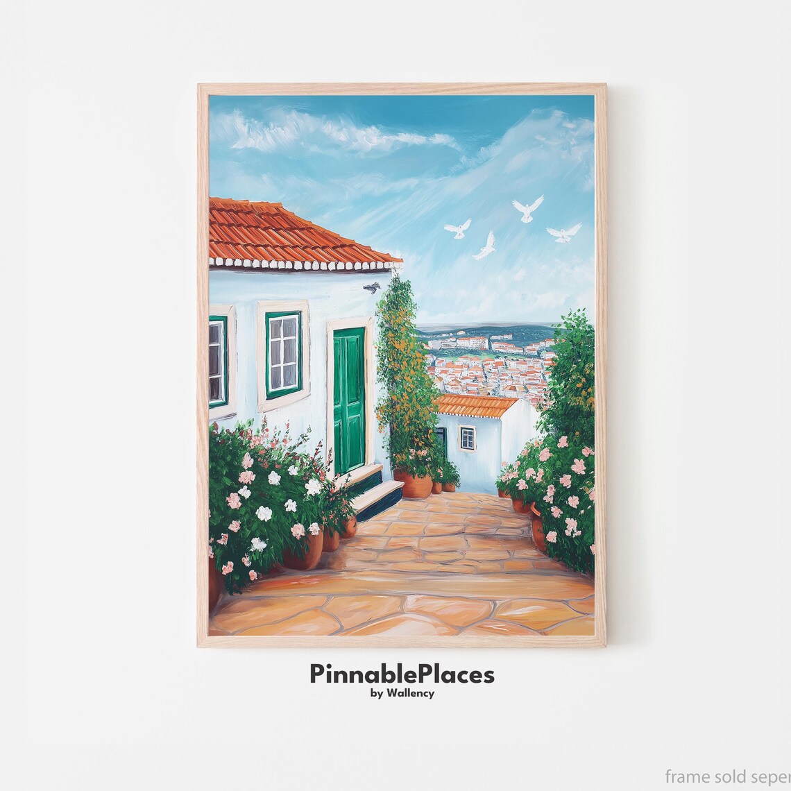Mediterranean Old Town White House Roses Oil Painting Style Poster