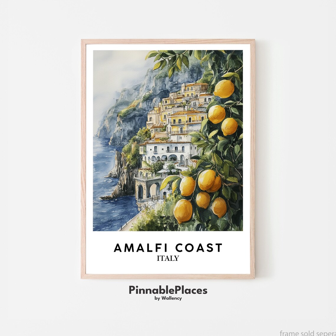 Amalfi Coast Italy Watercolor Lemons Cliffside Town Travel Poster